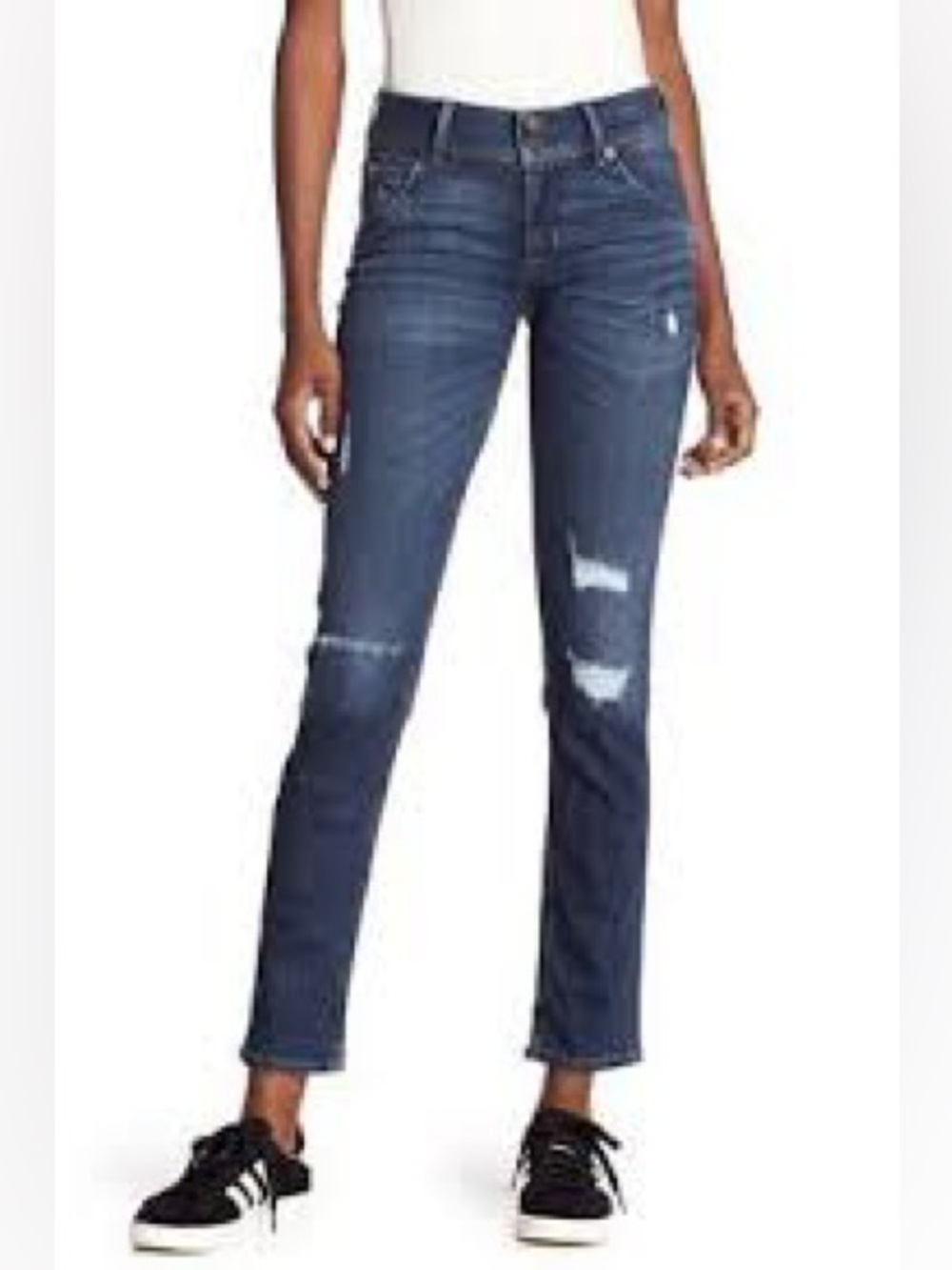 Hudson “Collin” Mid Rise Skinny Jeans With Distressing And Back Flap Pockets